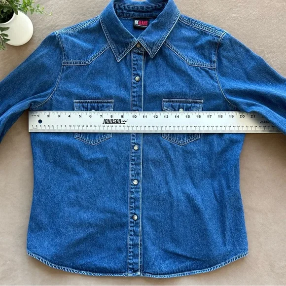 NY Jeans Company Womens Shirt Western Denim Blue Pearl Snap Front, Long Sleeve - Picture 8 of 11